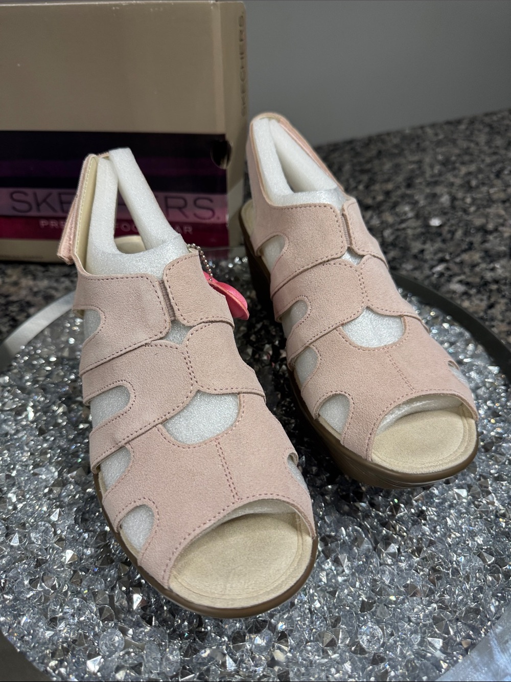 Skechers paralellsude Blush Pink Wedge Sandals with Brown Platform NEW 8 - Picture 6 of 14